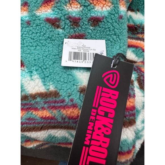 NWT Rock & Roll Denim Ladies Aztec Print Teal 1/4 Zip Sherpa Pullover Size Large - Picture 3 of 3